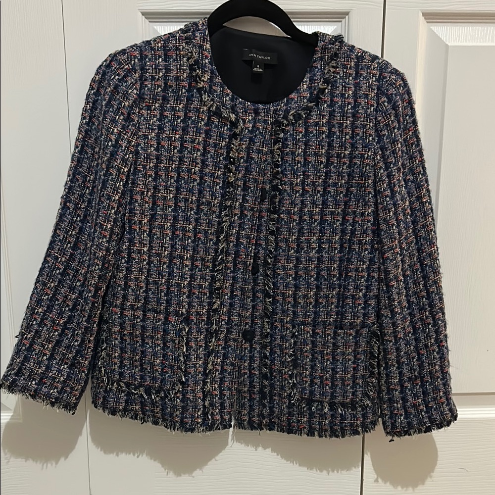 Ann Taylor Women's Tweed Jacket - Blue and Black